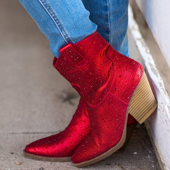 New Red Rhinestone Cowgirl Cowboy Western Ankle Boots Booties Block Heel Pull-On - Picture 1 of 6